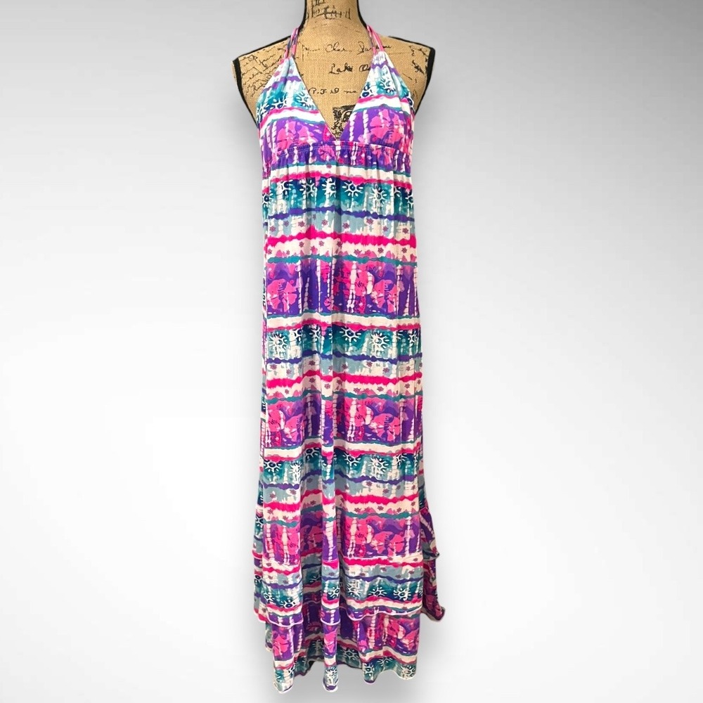 JOE BOXER Multicolored Abstract Tie Open Back Maxi Dress Large‎ | NWOT